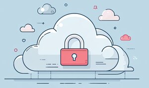 Eine Wolkenillustration mit einem Vorhängeschloss, die auf Datensicherheit hindeutet. Die Wolken schweben vor einem hellblauen Hintergrund.
