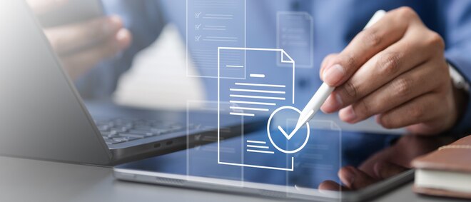 Person using digital tablet with document icons, representing tax receipts, accounting records, finance organization, digital filing, and bookkeeping for efficient financial management and ... compliance