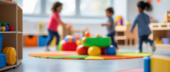 Playroom with toys in kindergarten on the background with blurred playing kids.