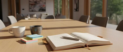 Close up of an open notebook with pen and coffee cups on a wooden table for corporate team retreat, employee bonding and creative innovation concept in a bright office 