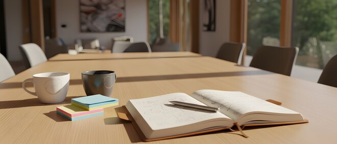 Close up of an open notebook with pen and coffee cups on a wooden table for corporate team retreat, employee bonding and creative innovation concept in a bright office 