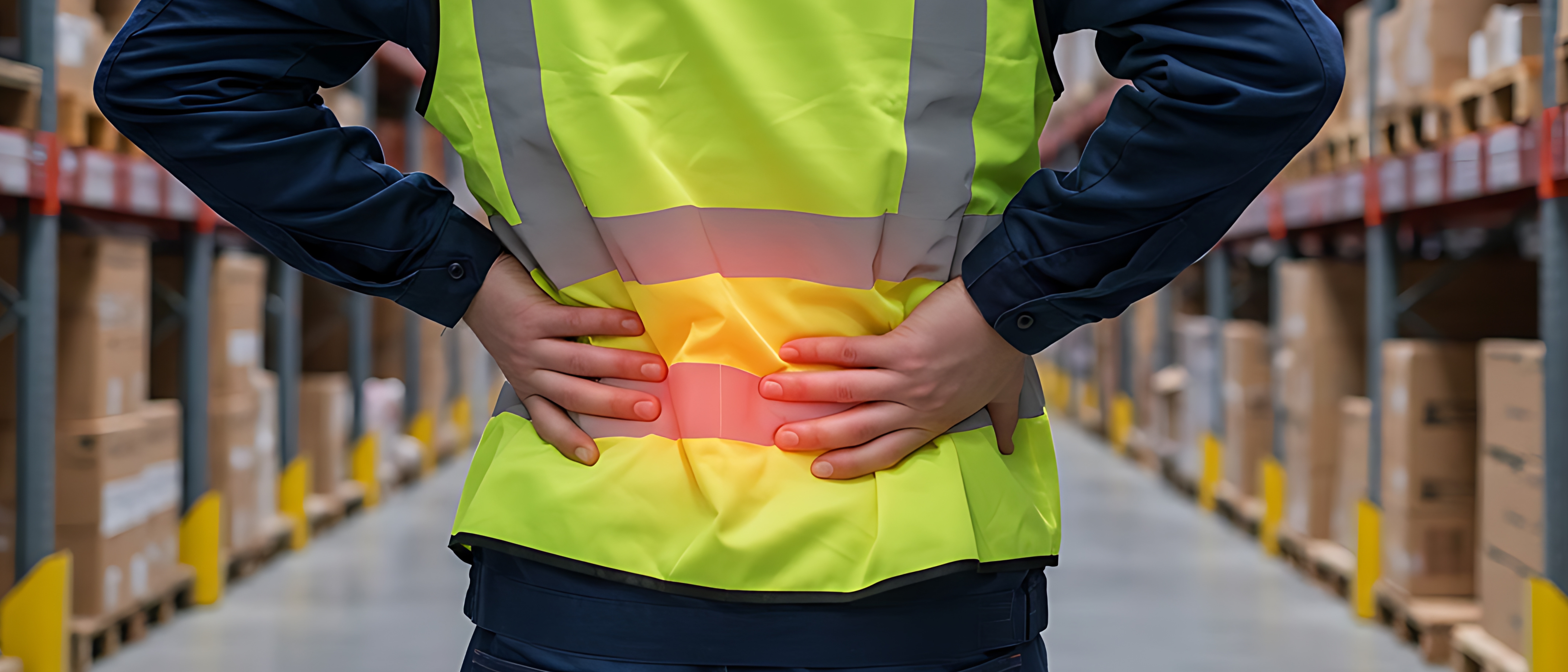 Warehouse Worker with Lower Back Pain: Occupational Injury and Health Hazard in Industrial Setting