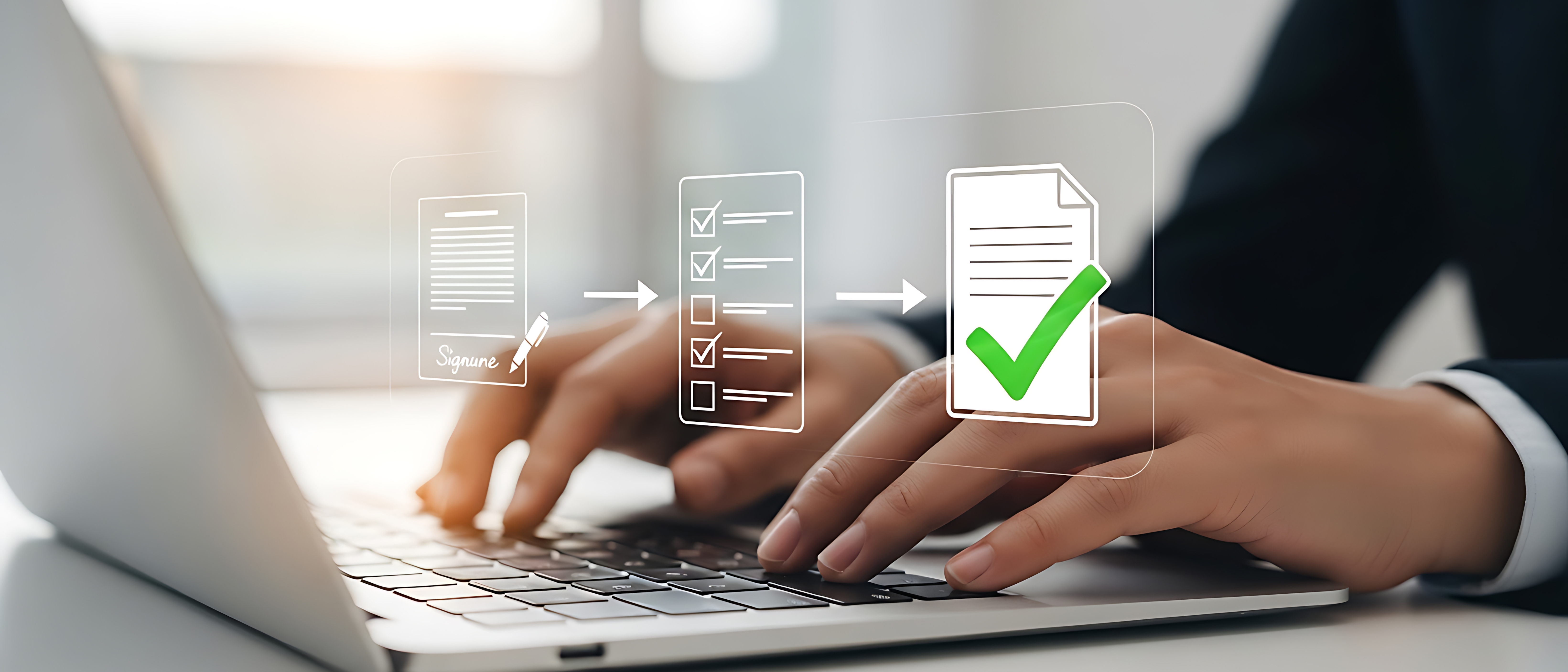 Person typing on a laptop representing document workflow from signature to approval with a green checkmark.