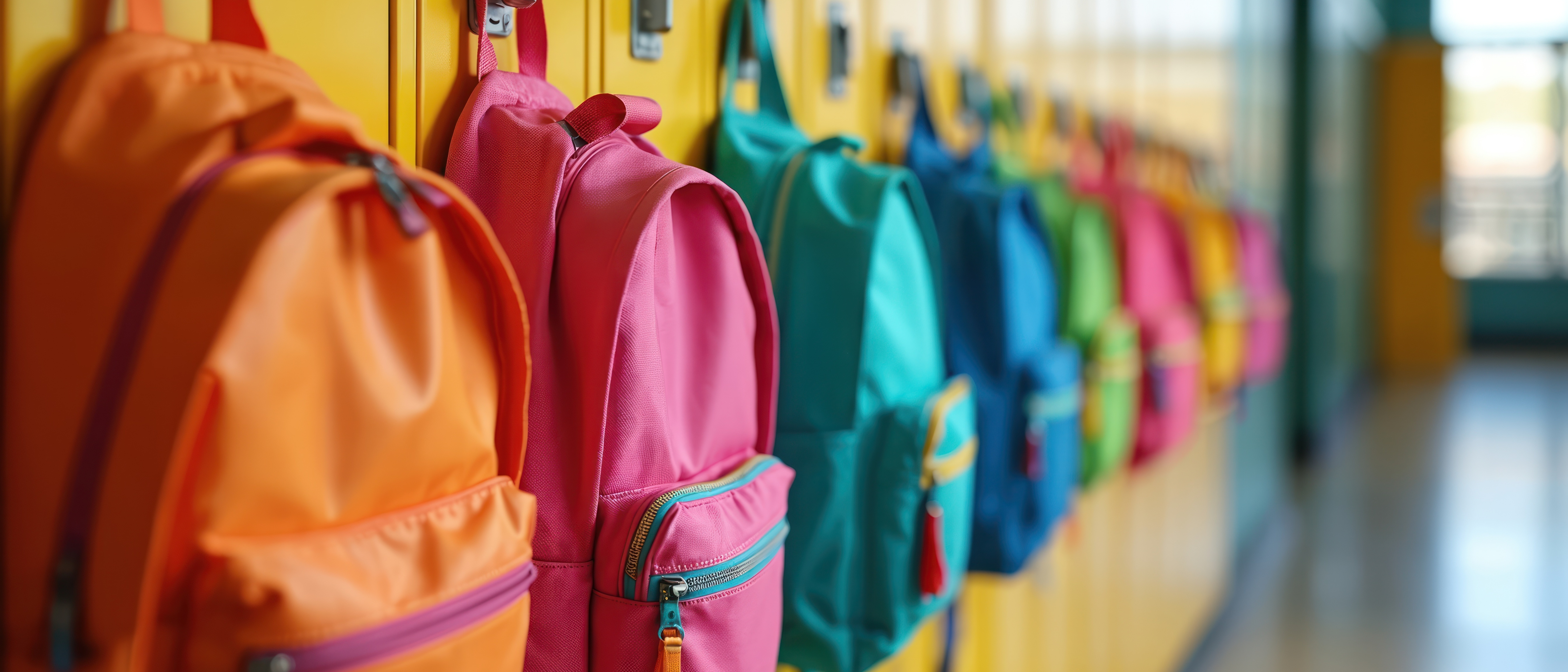 Colorful backpacks hang on yellow school lockers. Bags of various sizes and colors are neatly arranged. Kids get ready for lessons. Children start school. Students prepare for study.