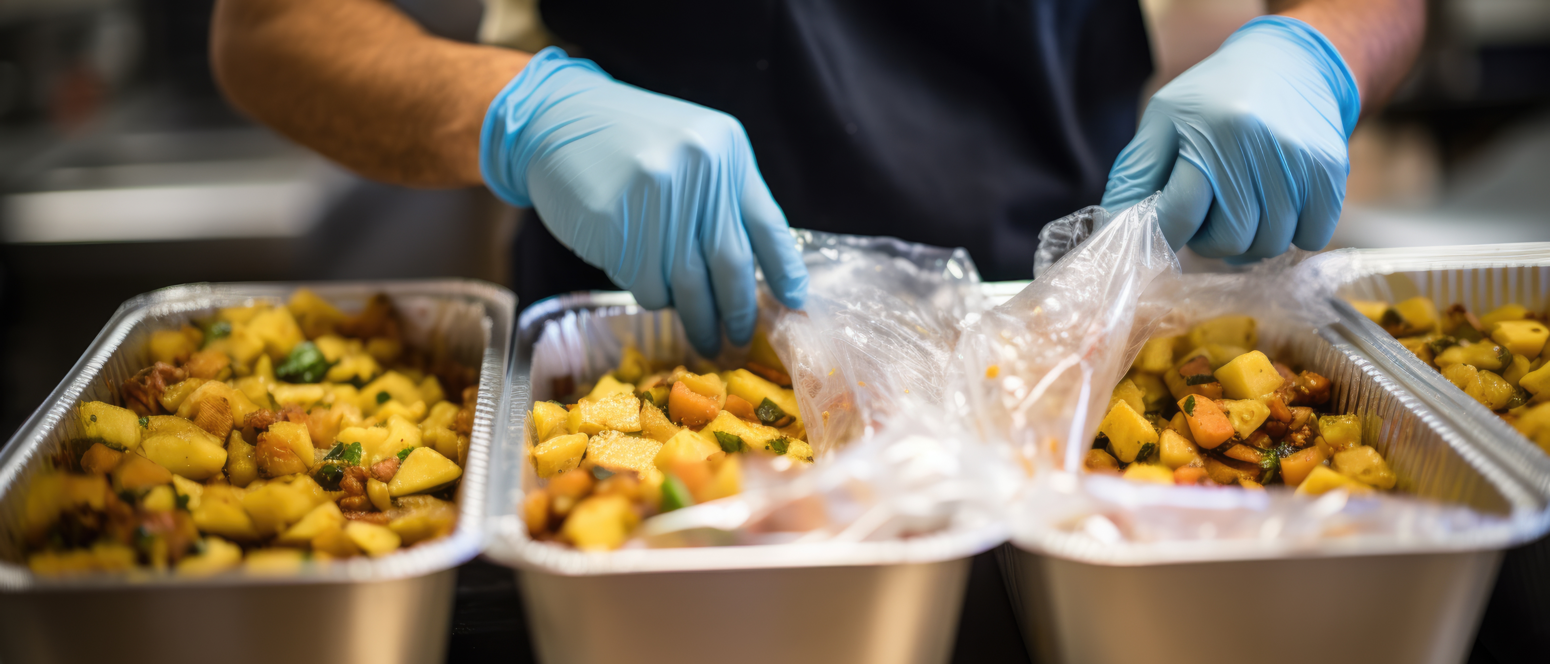 Food for charity. A volunteer prepares food for charity.